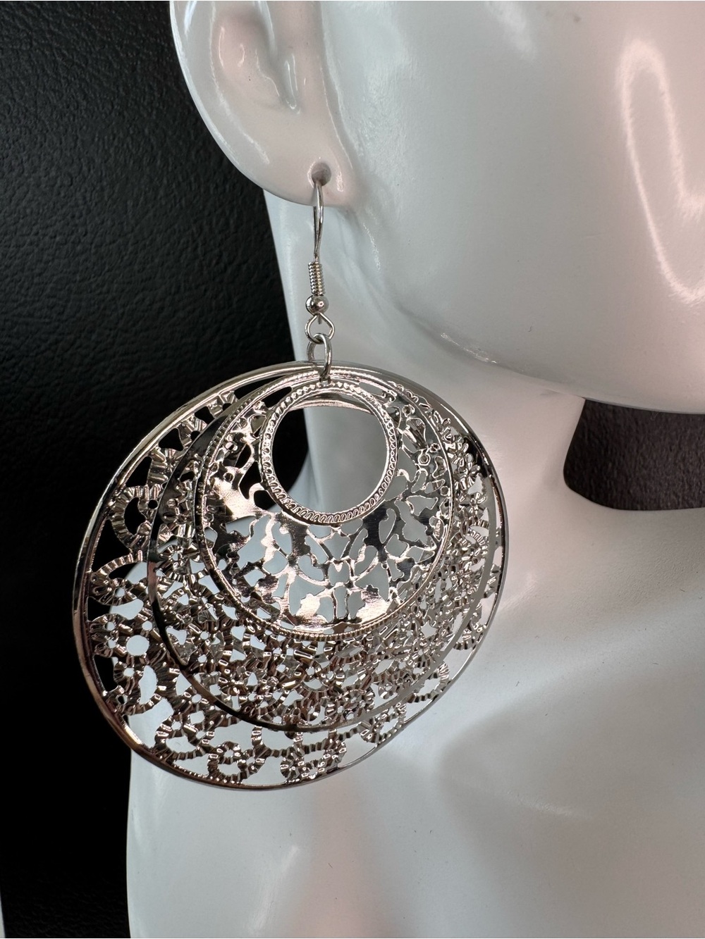 Silver Filigree Hoop Dangle Earrings - SKU H